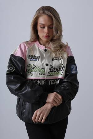 Biker Jacket - Black & Pink & Ecru - Reyon - Globality Store - Women Clothes Wholesale Turkey