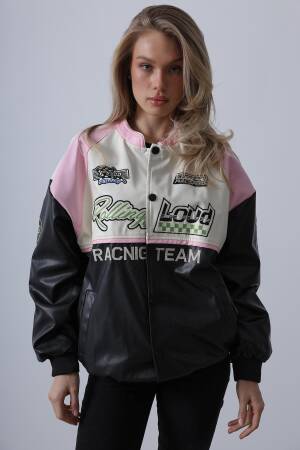 Biker Jacket - Black & Pink & Ecru - Reyon - Globality Store - Women Clothes Wholesale Turkey