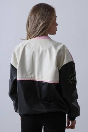 Biker Jacket - Black & Pink & Ecru - Reyon - Globality Store - Women Clothes Wholesale Turkey