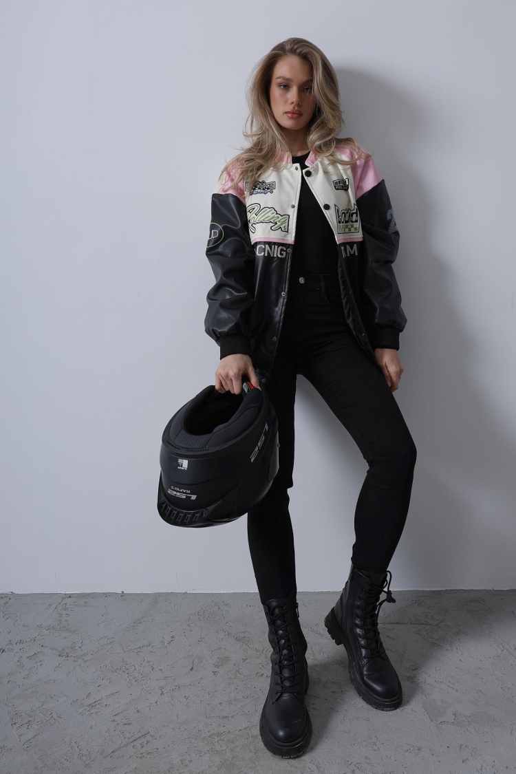 Biker Jacket - Black & Pink & Ecru - Reyon - Globality Store - Women Clothes Wholesale Turkey