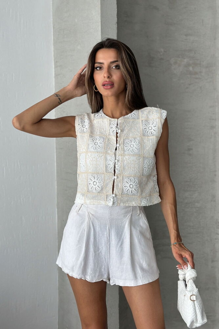 Lace Sleeveless Shirt - Cream - Topshow - Globality Store - Women Clothes Wholesale Turkey