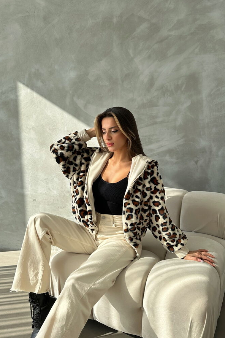 Leopard Look Plush Coat - Light