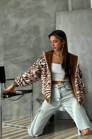 Zebra Look Plush Coat - Tan - Topshow - Globality Store - Women Clothes Wholesale Turkey