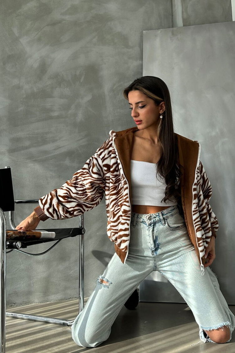 Zebra Look Plush Coat - Tan - Topshow - Globality Store - Women Clothes Wholesale Turkey