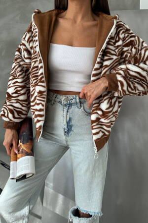 Zebra Look Plush Coat - Tan - Topshow - Globality Store - Women Clothes Wholesale Turkey