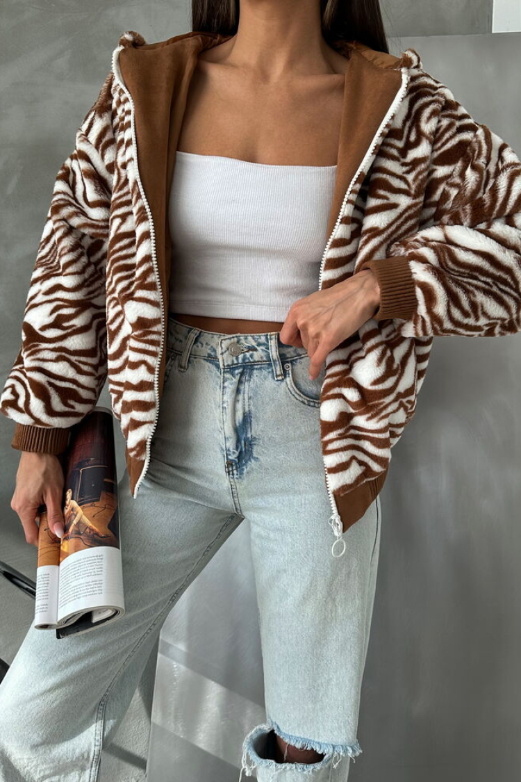 Zebra Look Plush Coat - Tan