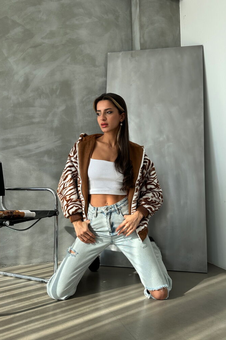 Zebra Look Plush Coat - Tan
