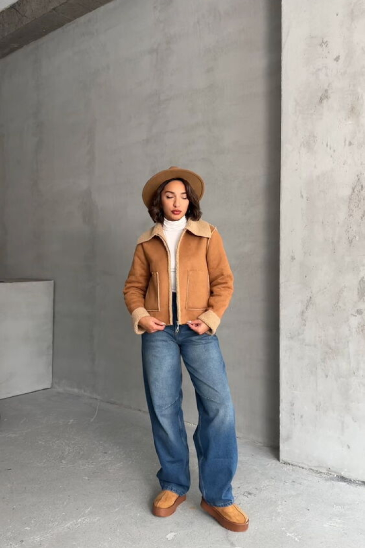 Suede Plush Coat - Tan