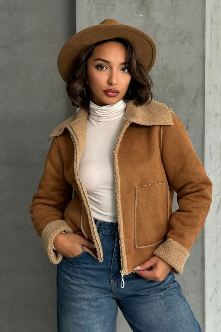 Suede Plush Coat - Tan - Topshow - Globality Store - Women Clothes Wholesale Turkey