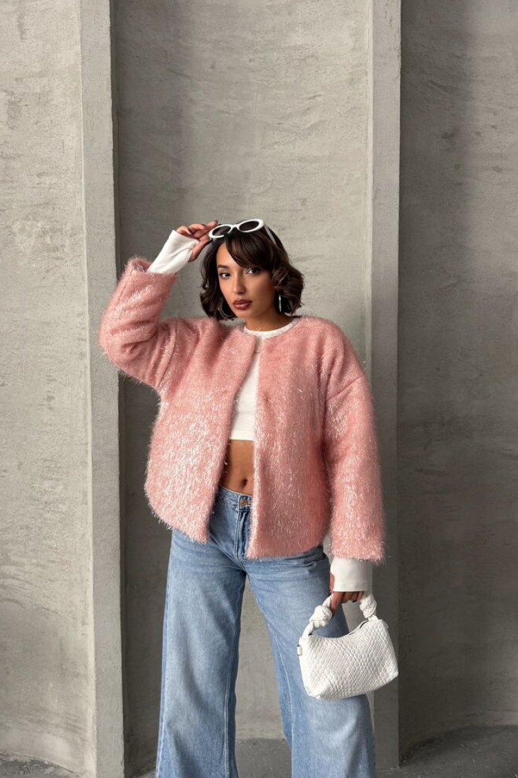 Glittery Fringed Cardigan - Powder