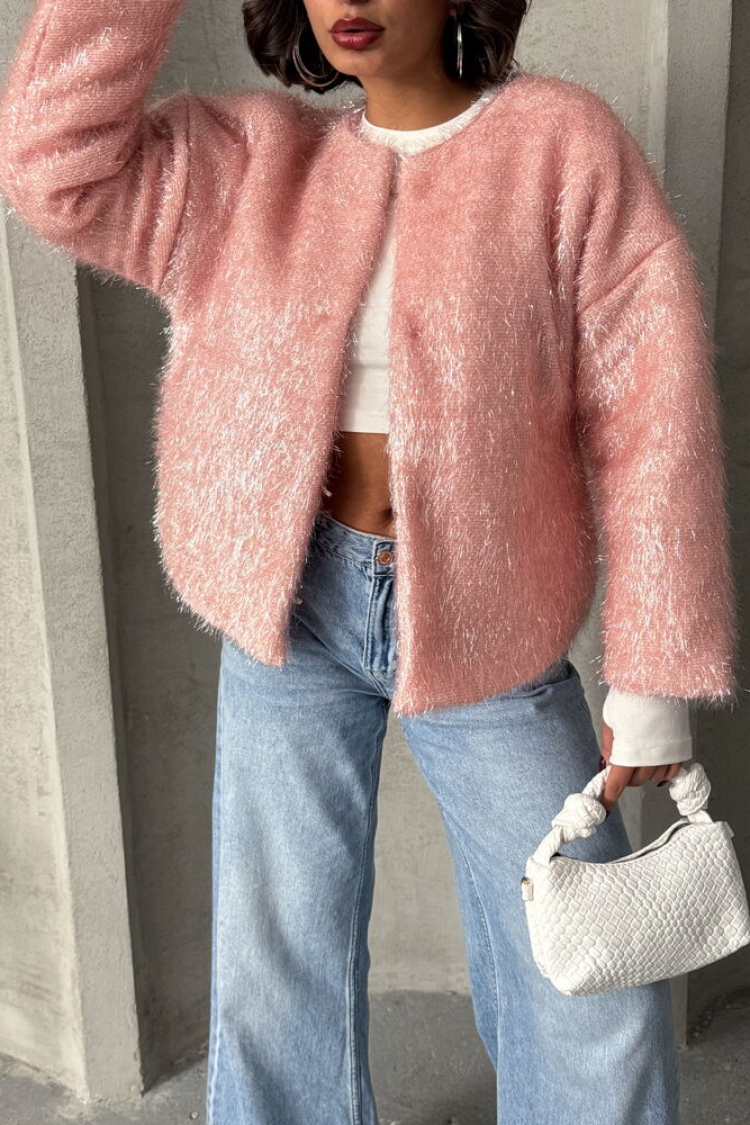 Glittery Fringed Cardigan - Powder
