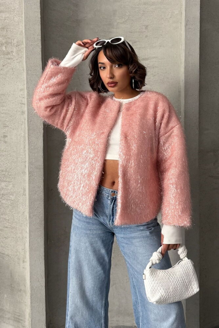 Glittery Fringed Cardigan - Powder - Topshow - Globality Store - Women Clothes Wholesale Turkey