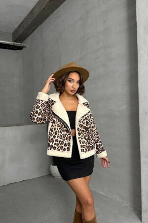 Leopard Patterned Plush Coat - Brown - Topshow - Globality Store - Women Clothes Wholesale Turkey