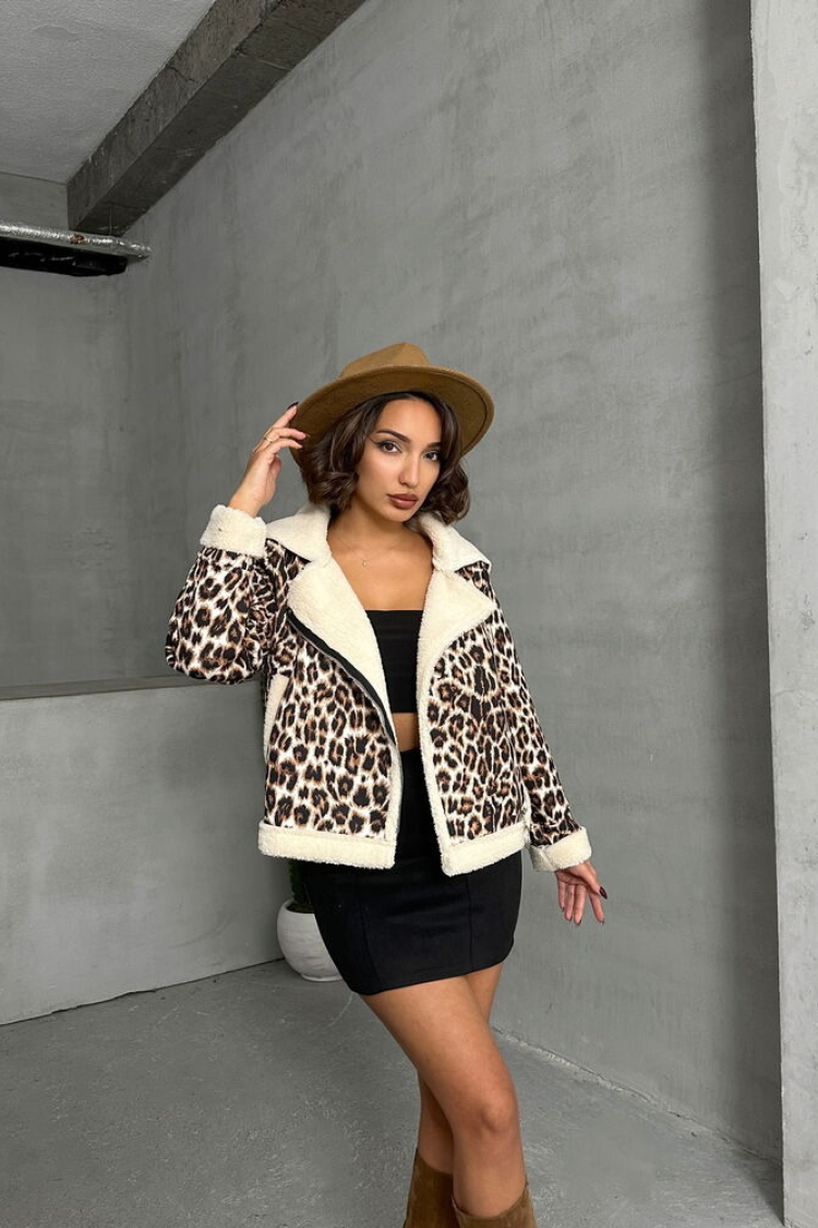 Leopard Patterned Plush Coat - Brown