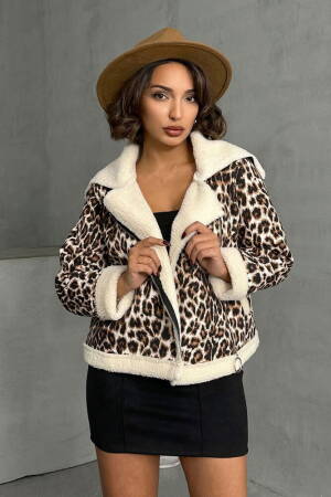 Leopard Patterned Plush Coat - Brown - Topshow - Globality Store - Women Clothes Wholesale Turkey