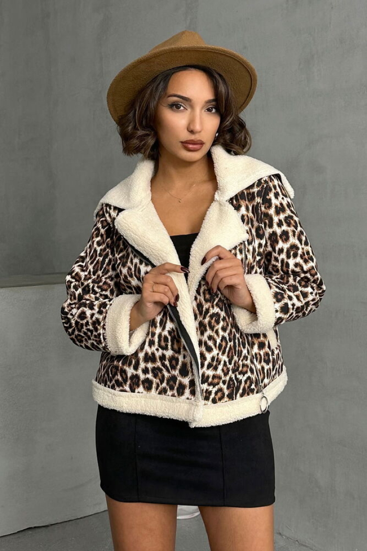 Leopard Patterned Plush Coat - Brown - Topshow - Globality Store - Women Clothes Wholesale Turkey