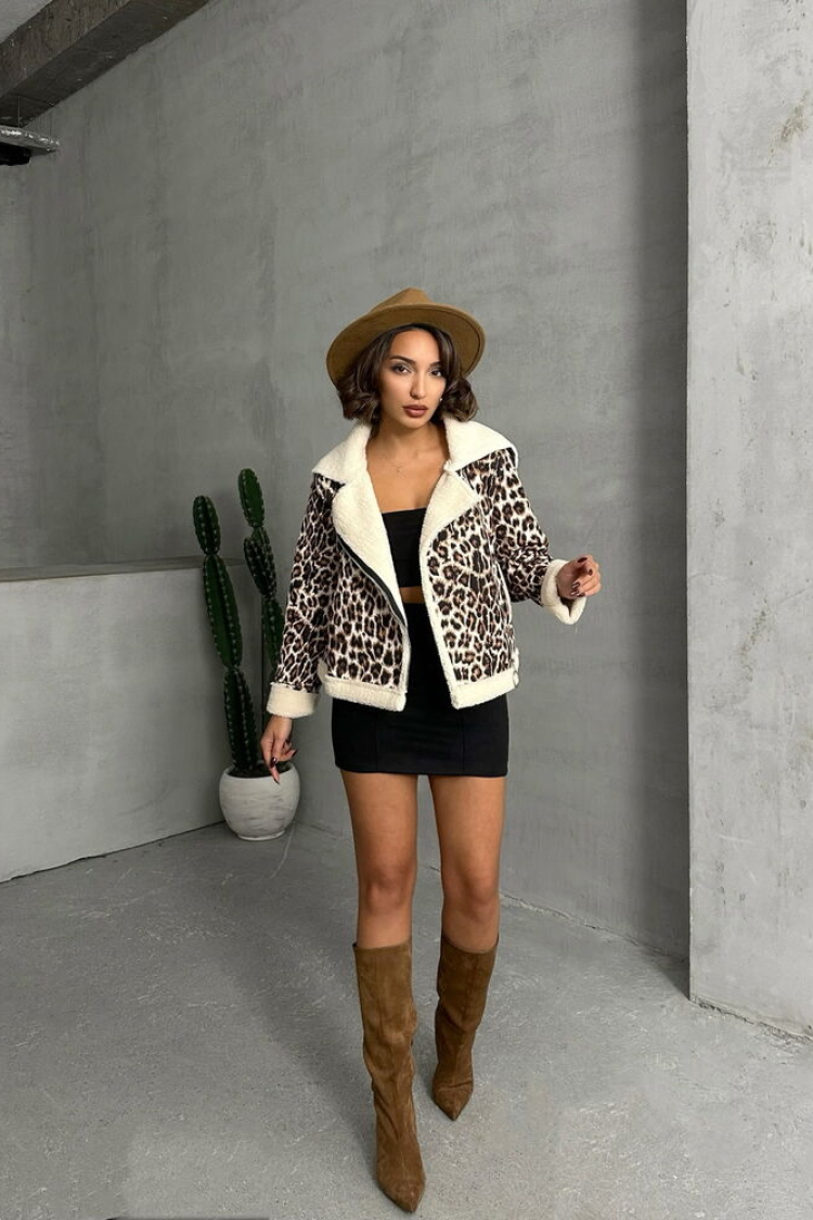 Leopard Patterned Plush Coat - Brown