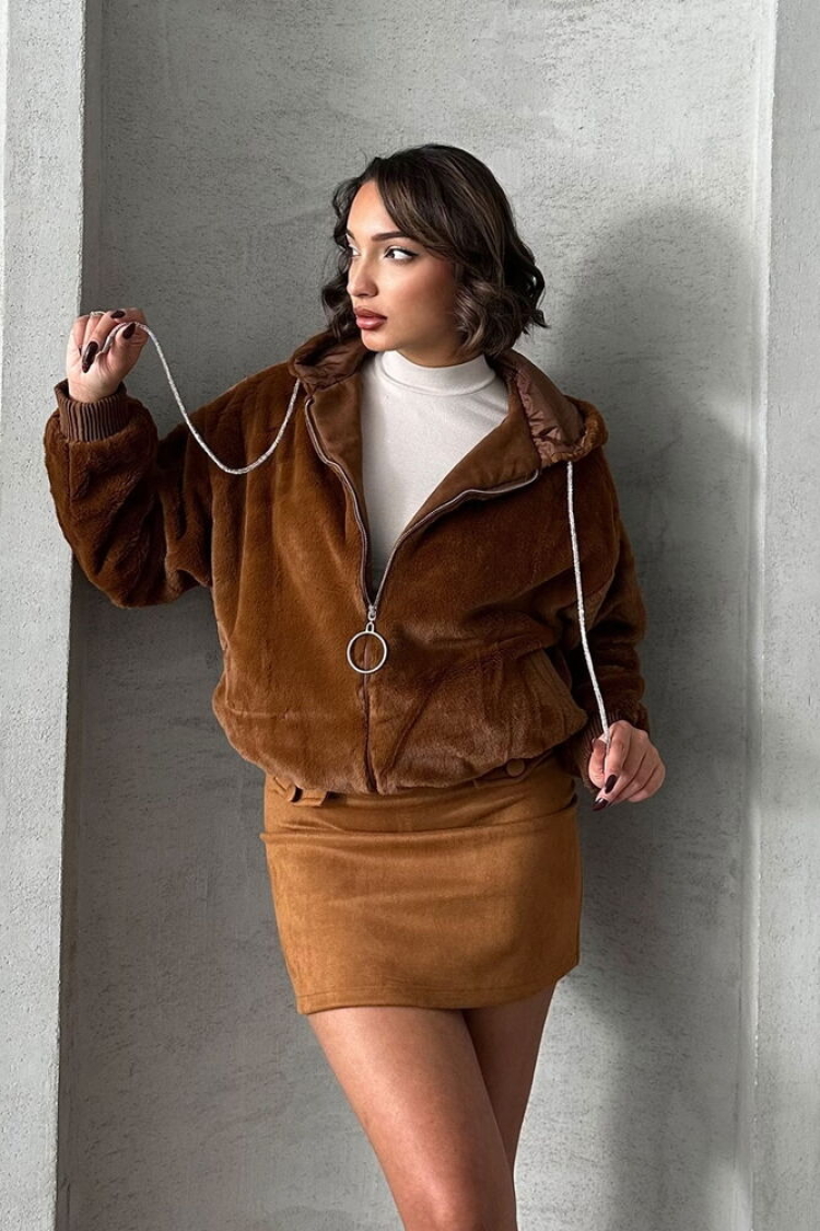 Plush Coat - Tan - Topshow - Globality Store - Women Clothes Wholesale Turkey