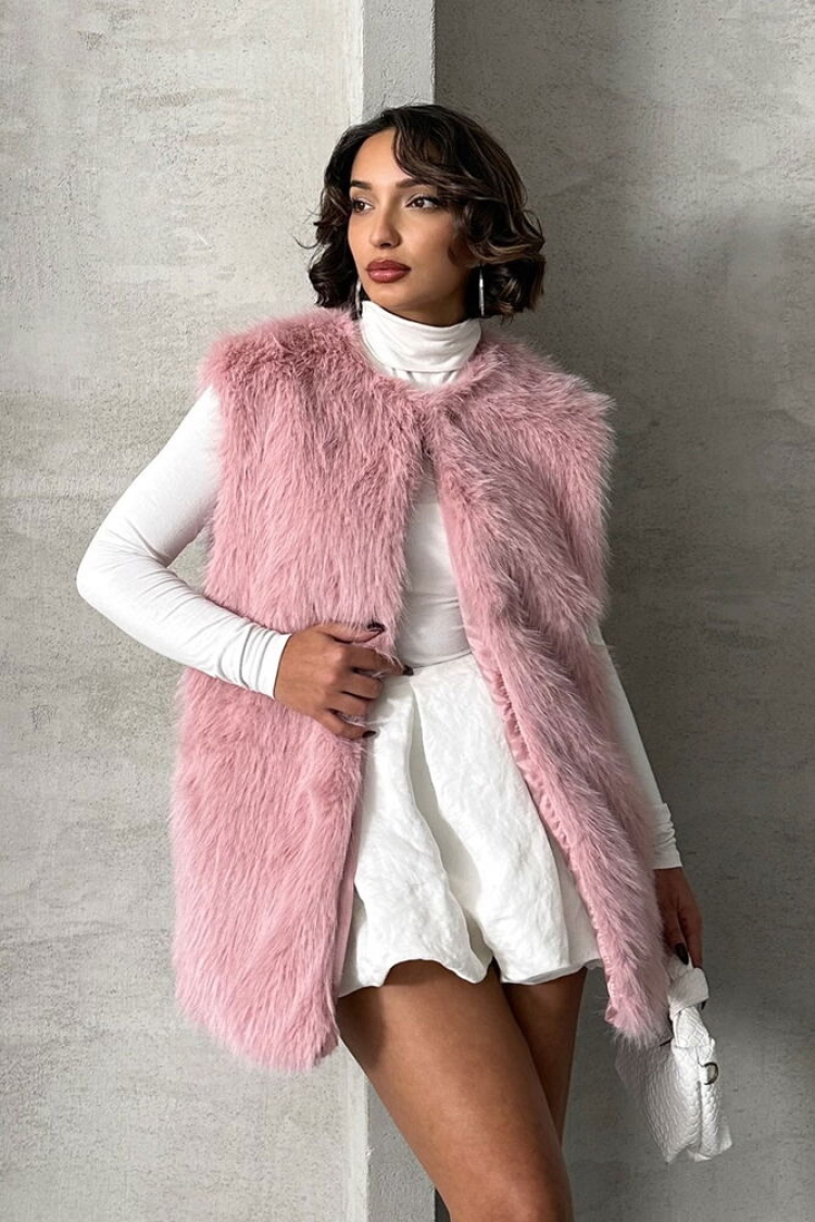 Furry Vest - Powder - Topshow - Globality Store - Women Clothes Wholesale Turkey