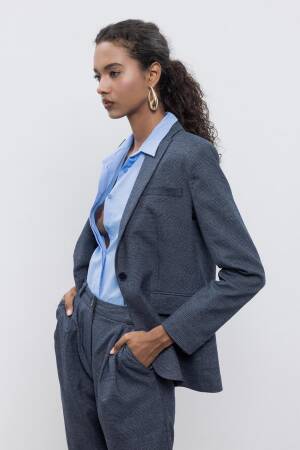 Plaid Blazer Jacket - Navy Blue - BSL - Globality Store - Women Clothes Wholesale Turkey