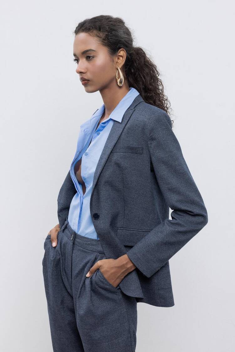 Plaid Blazer Jacket - Navy Blue