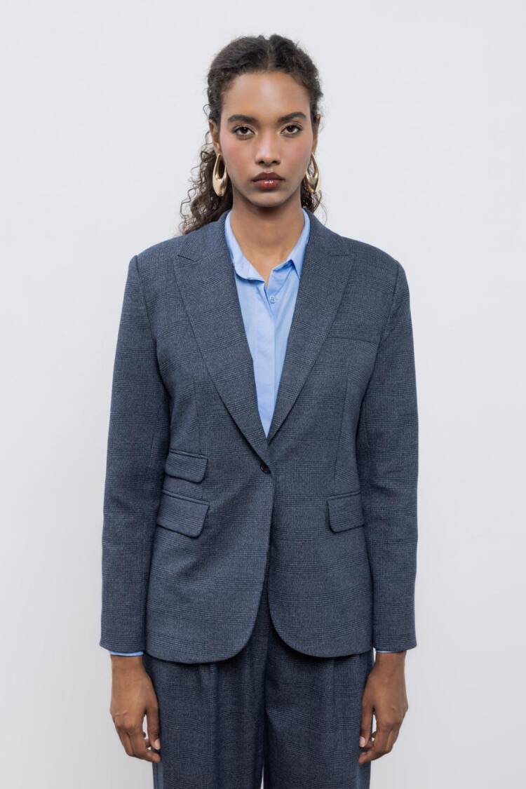 Plaid Blazer Jacket - Navy Blue