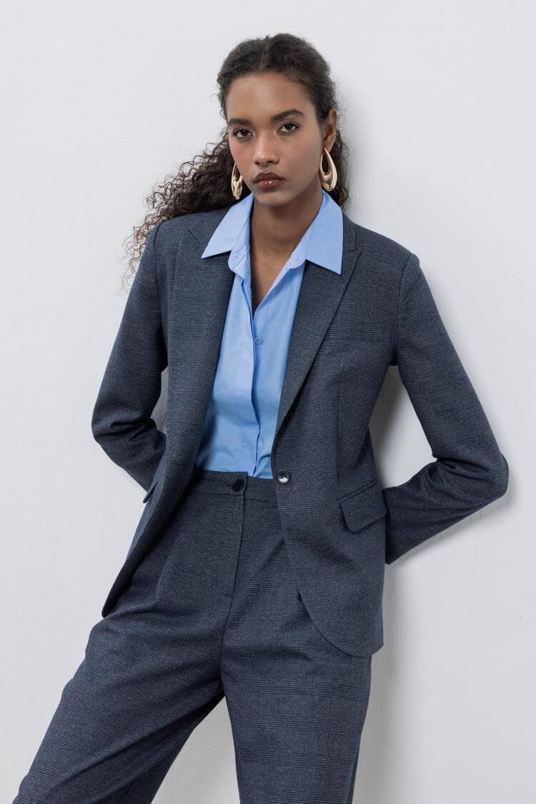 Plaid Blazer Jacket - Navy Blue