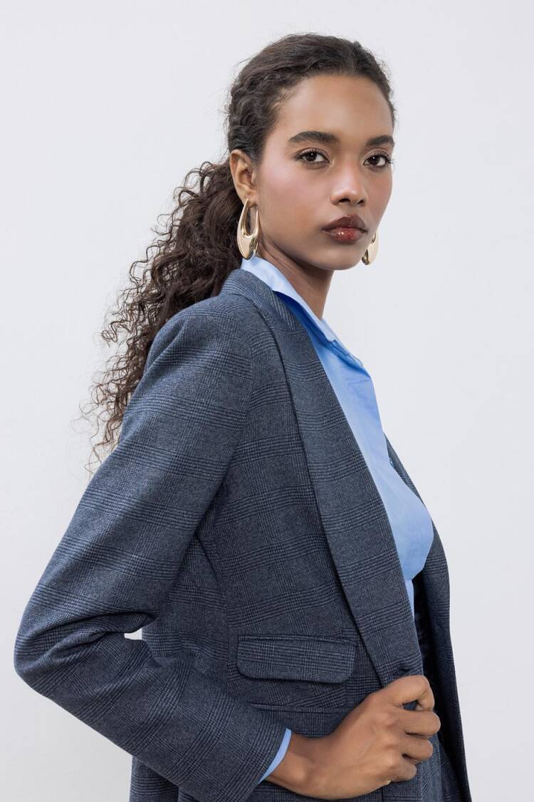 Plaid Blazer Jacket - Navy Blue