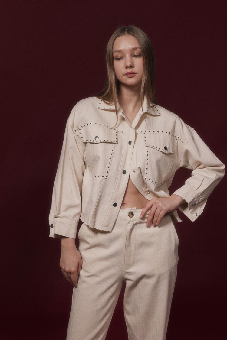 Metal Detailed Jacket - Stone - Levure - Globality Store - Women Clothes Wholesale Turkey