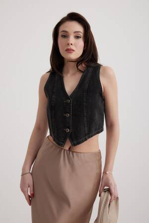 V-Neck Black Women's Denim Vest - Snow Wash Black - Levure - Globality Store - Women Clothes Wholesale Turkey