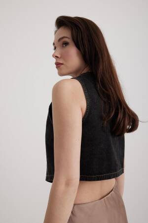 V-Neck Black Women's Denim Vest - Snow Wash Black - Levure - Globality Store - Women Clothes Wholesale Turkey