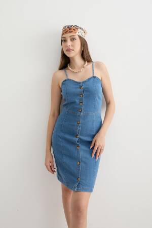 Women's Strapless Dress Blue With Strap Detail - Levure - Globality Store - Women Clothes Wholesale Turkey