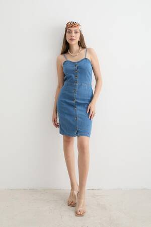 Women's Strapless Dress Blue With Strap Detail - Levure - Globality Store - Women Clothes Wholesale Turkey