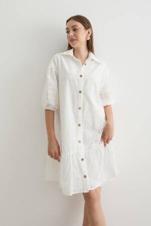 Women's Floral Patterned Short Sleeve Dress White - Levure - Globality Store - Women Clothes Wholesale Turkey