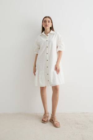 Women's Floral Patterned Short Sleeve Dress White - Levure - Globality Store - Women Clothes Wholesale Turkey