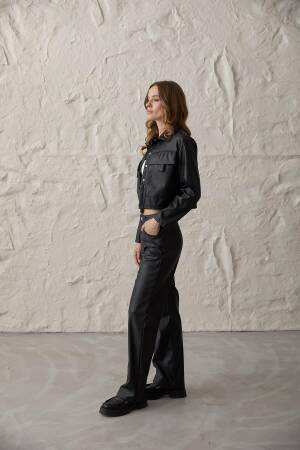 Snap Detailed Long Sleeve Leather Coat Black - Levure - Globality Store - Women Clothes Wholesale Turkey