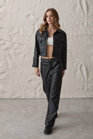 Snap Detailed Long Sleeve Leather Coat Black - Levure - Globality Store - Women Clothes Wholesale Turkey