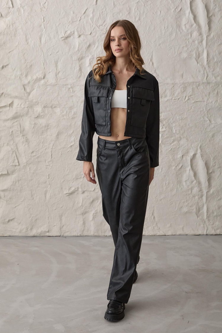 Snap Detailed Long Sleeve Leather Coat Black - Levure - Globality Store - Women Clothes Wholesale Turkey