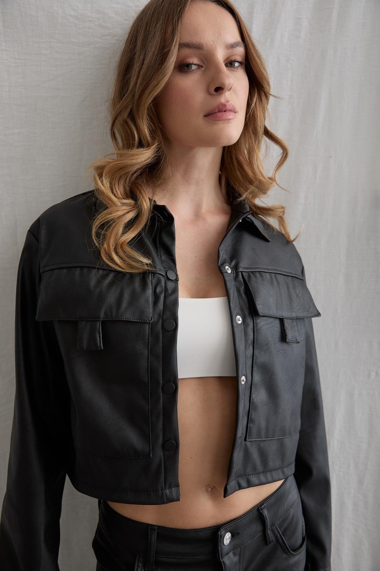 Snap Detailed Long Sleeve Leather Coat Black
