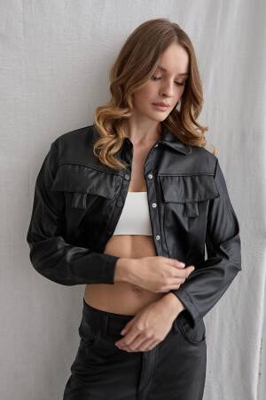Snap Detailed Long Sleeve Leather Coat Black - Levure - Globality Store - Women Clothes Wholesale Turkey