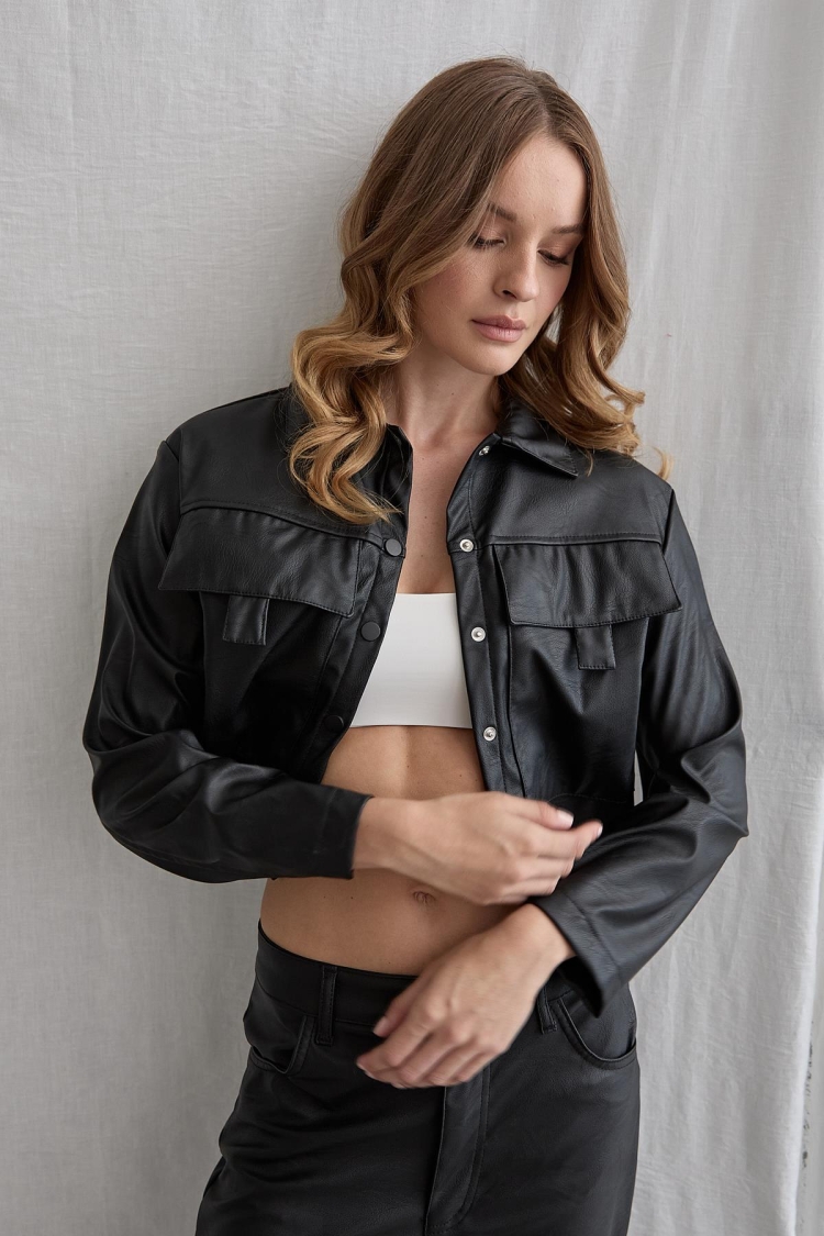Snap Detailed Long Sleeve Leather Coat Black