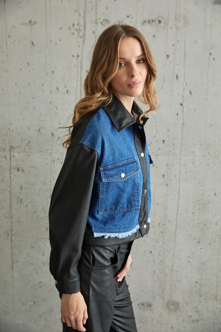 Leather Detailed Sleeve Snap Denim Jacket Black