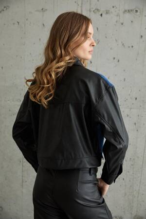 Leather Detailed Sleeve Snap Denim Jacket Black - Levure - Globality Store - Women Clothes Wholesale Turkey