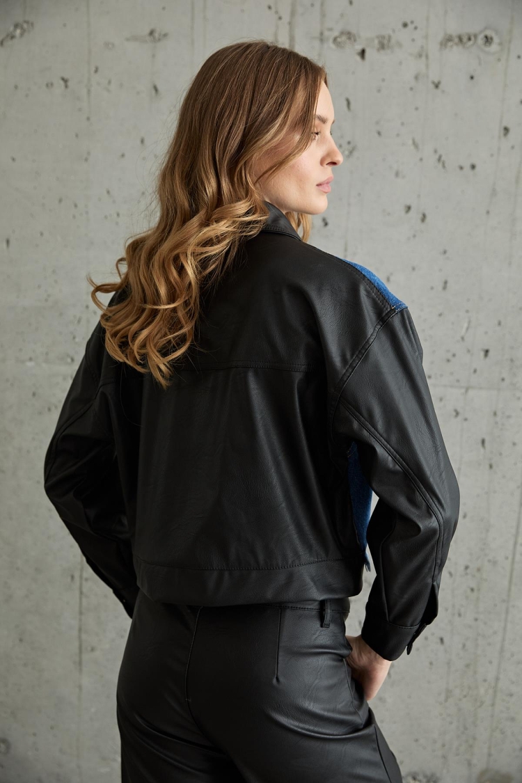 Leather Detailed Sleeve Snap Denim Jacket Black