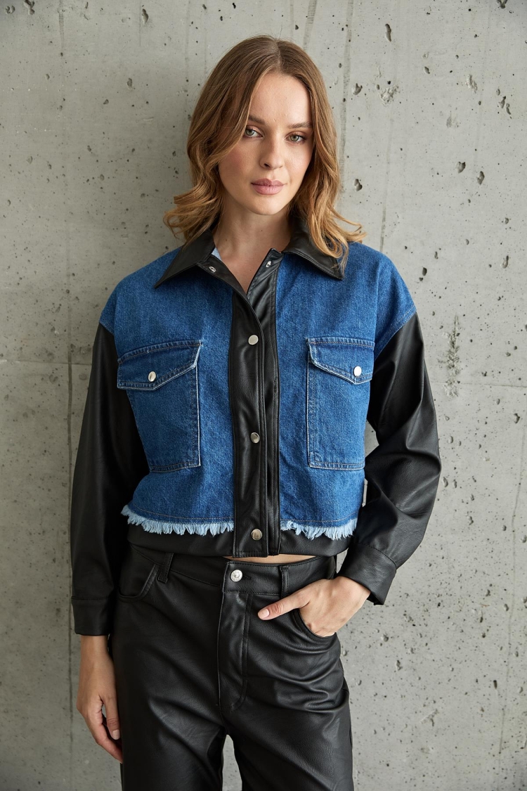 Leather Detailed Sleeve Snap Denim Jacket Black