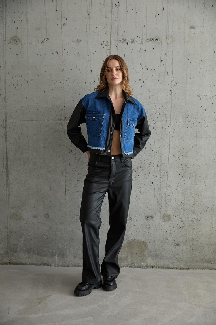 Leather Detailed Sleeve Snap Denim Jacket Black - Levure - Globality Store - Women Clothes Wholesale Turkey
