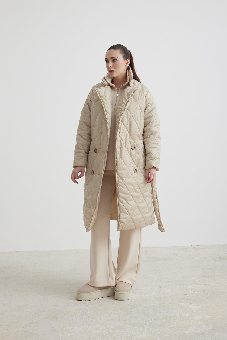 Jacket Collar Waist Belted Quilted Long Women's Coat - Levure - Globality Store - Women Clothes Wholesale Turkey