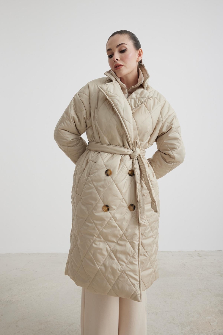 Jacket Collar Waist Belted Quilted Long Women's Coat