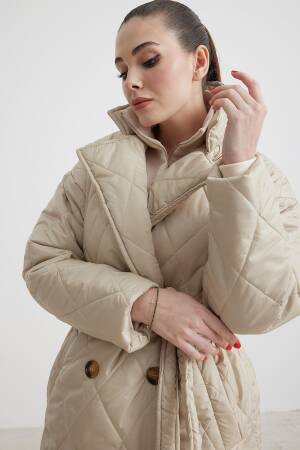 Jacket Collar Waist Belted Quilted Long Women's Coat - Levure - Globality Store - Women Clothes Wholesale Turkey