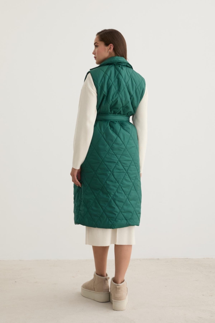 Quilted Vest With Button Front And Waist Belt DetailDark